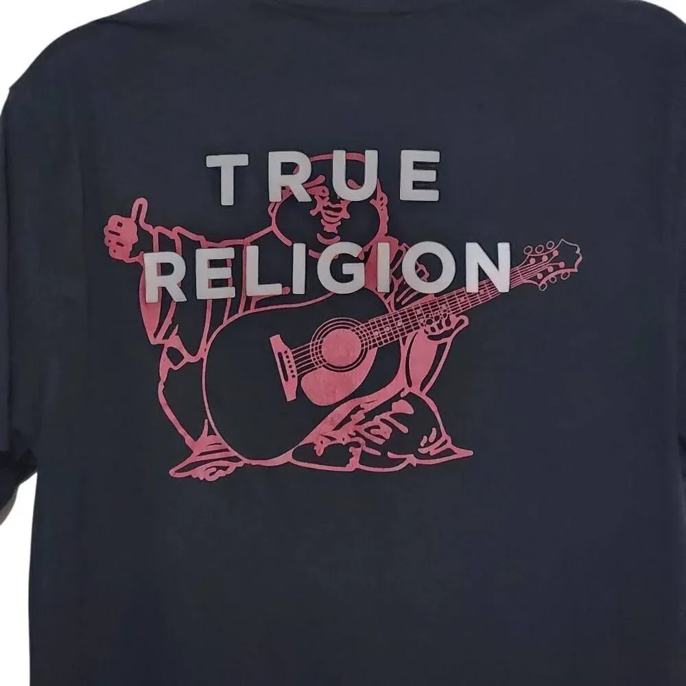 True Religion Brand Jeans black t shirt Buddha playing‎ guitar black red Large